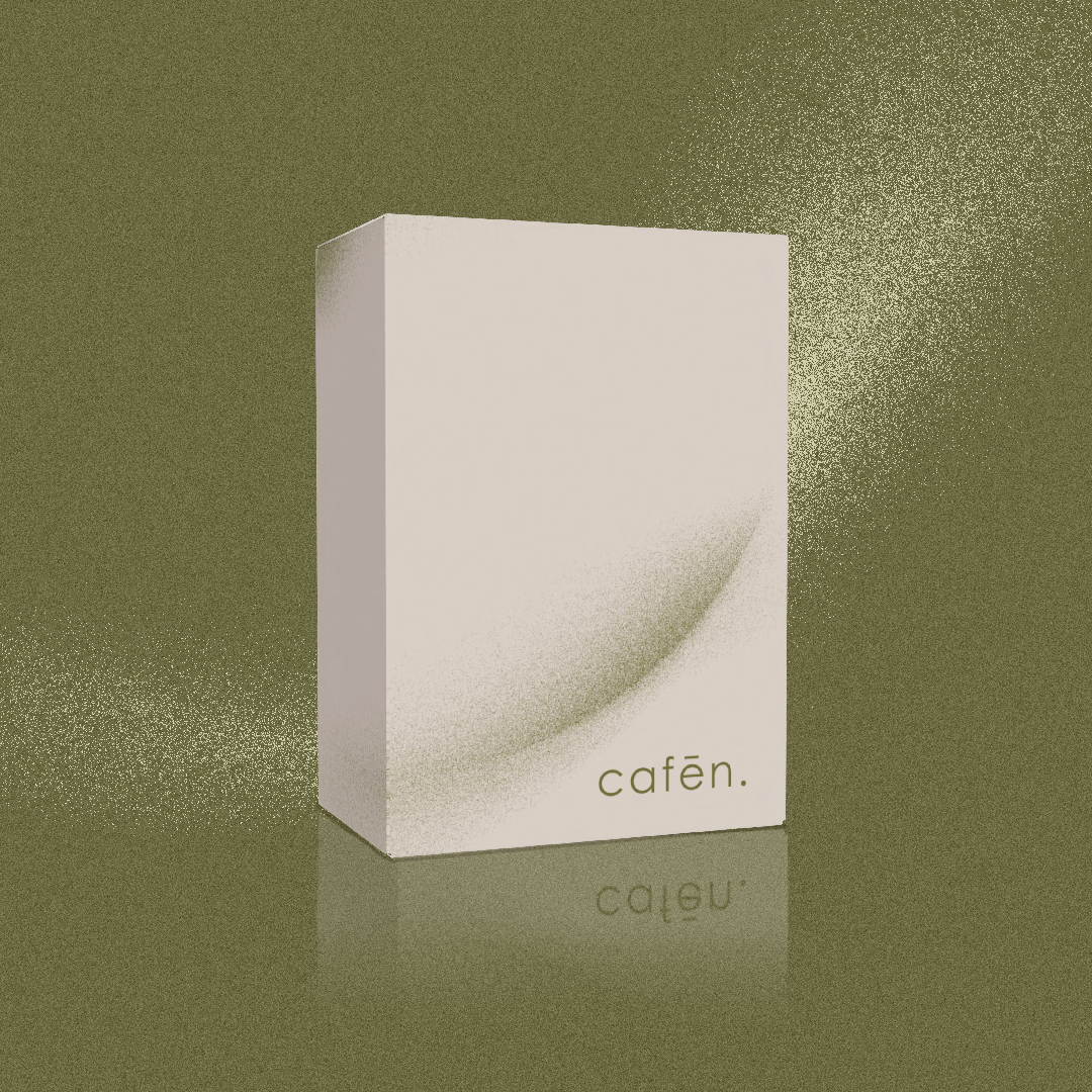 White box with 'cafēn.' branding on a green gradient background