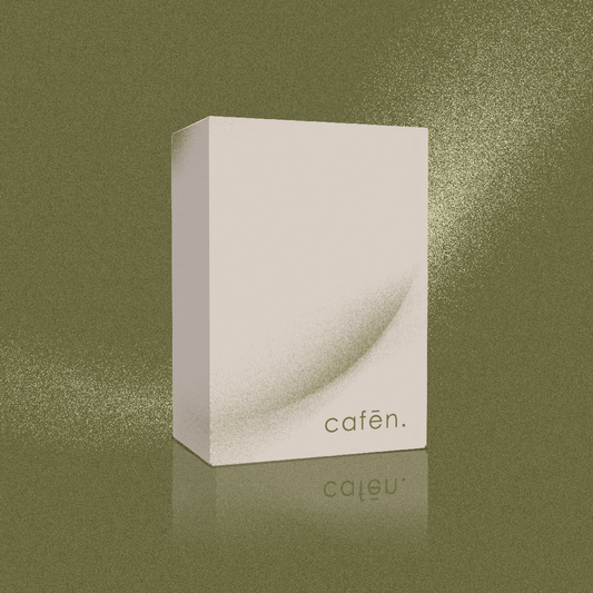 White box with 'cafēn.' branding on a green gradient background