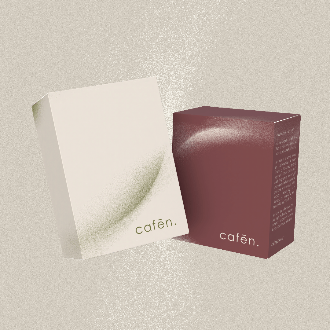 Cafēn product packaging on a neutral background